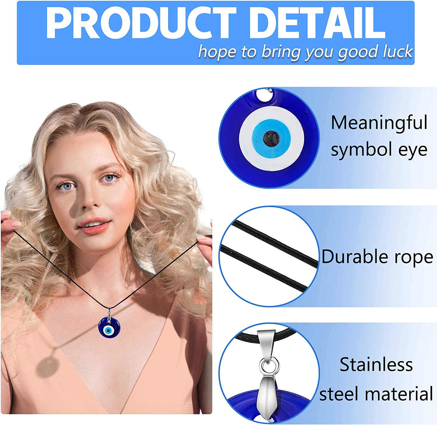 Yaomiao 6 Pieces Evil Eye Pendant Necklace Turkish Blue Eye Necklace Glass Eye Leather Rope Chain Necklace for Women Men - Image 3
